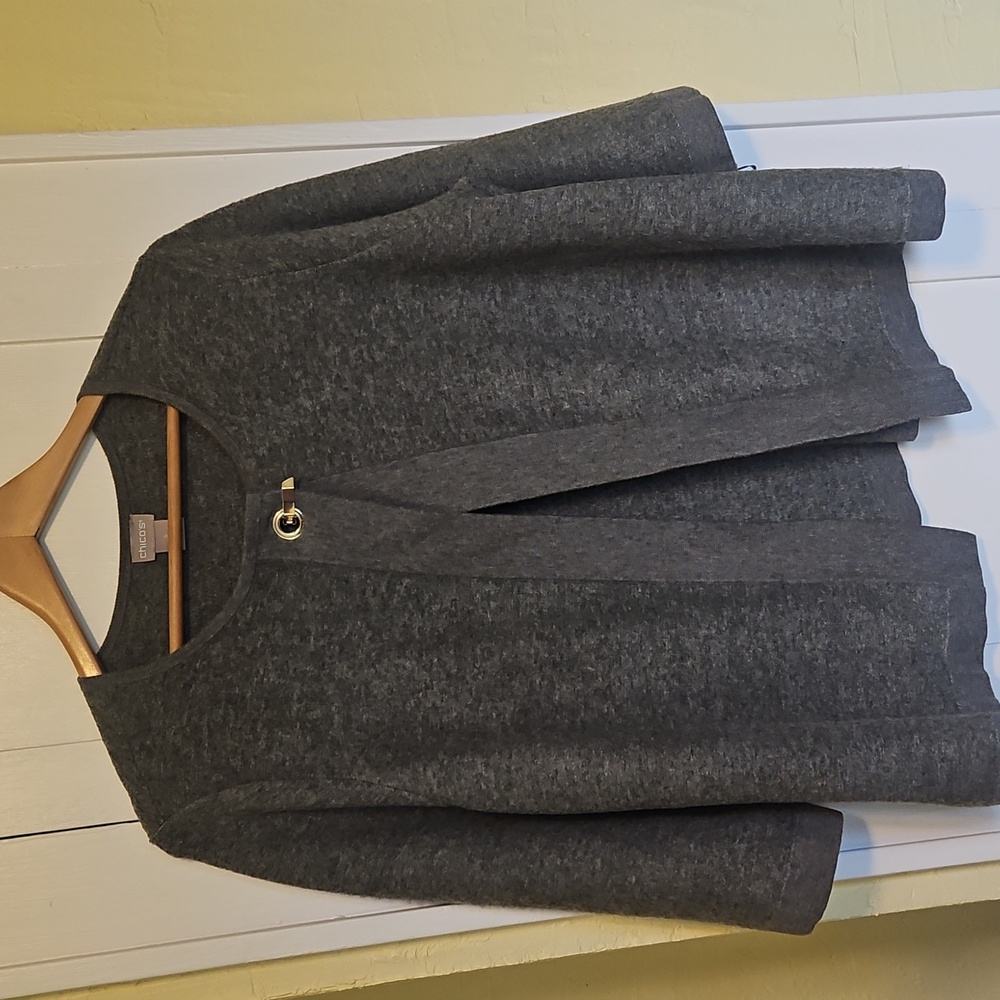 Chico's 2 Women's Large Sweater Gray Hook Closure 3/4 Sleeve Knit Cardigan
